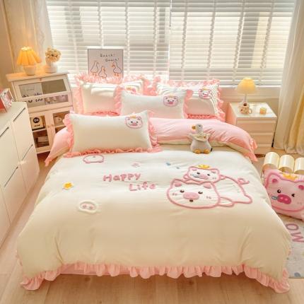 91家纺网 家纺一手货源 找家纺 泉欣2024新款水洗亲肤棉大版绣花四件套（专版花型）猪猪系列 萌小猪-奶黄粉