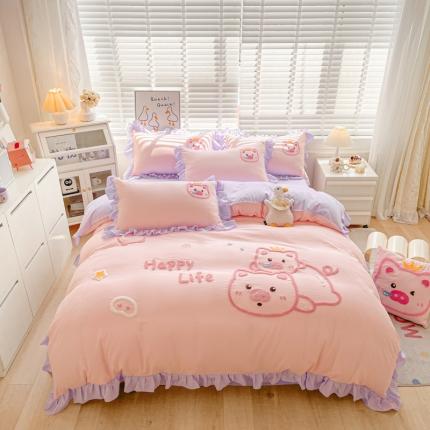 泉欣2024新款水洗亲肤棉大版绣花四件套（专版花型）猪猪系列 萌小猪-粉紫