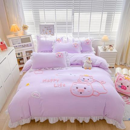 泉欣2024新款水洗亲肤棉大版绣花四件套（专版花型）猪猪系列 萌小猪-香芋紫