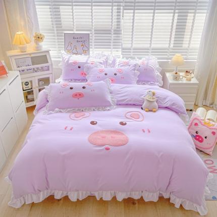 泉欣2024新款水洗亲肤棉大版绣花四件套（专版花型）猪猪系列 猪宝贝-香芋紫