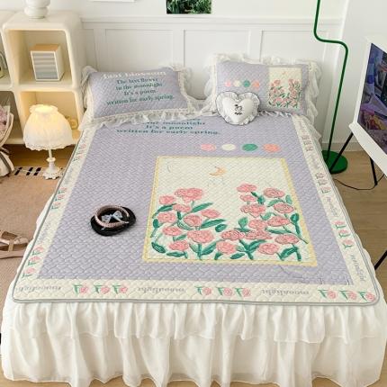 91家纺网 家纺一手货源 找家纺 昔可 2023新款第二批双层床裙乳胶三件套 可爱小清新风 框框油画玫瑰