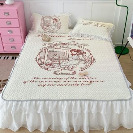 91家纺网 家纺一手货源 找家纺 昔可 2023新款第二批双层床裙乳胶三件套 可爱小清新风 复古线条女孩