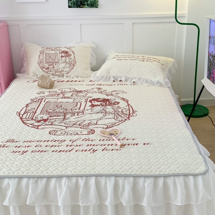 91家纺网 家纺一手货源 找家纺 昔可 2023新款第二批双层床裙乳胶三件套 可爱小清新风 复古线条女孩