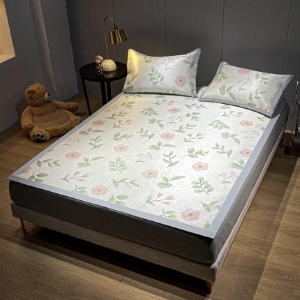 91家纺网 家纺一手货源 找家纺 安哆啦 A类数码印花冰丝藤席三件套 花丛间