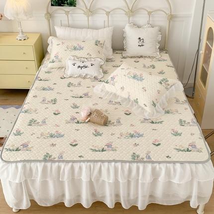 昔可 2023新款第二批双层床裙乳胶三件套 可爱小清新风 花丛小兔