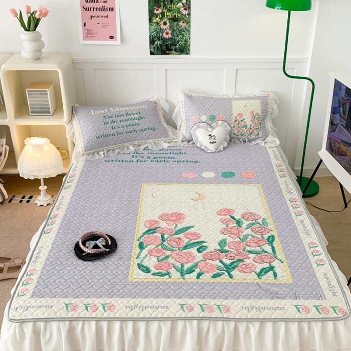 91家纺网 家纺一手货源 找家纺 昔可 2023新款第二批双层床裙乳胶三件套 可爱小清新风 框框油画玫瑰