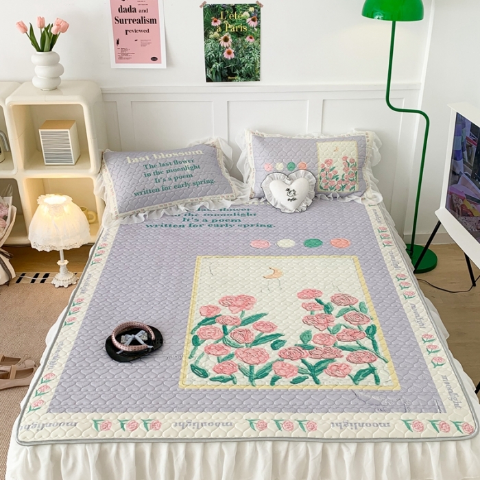 91家纺网 家纺一手货源 找家纺 昔可 2023新款第二批双层床裙乳胶三件套 可爱小清新风 框框油画玫瑰