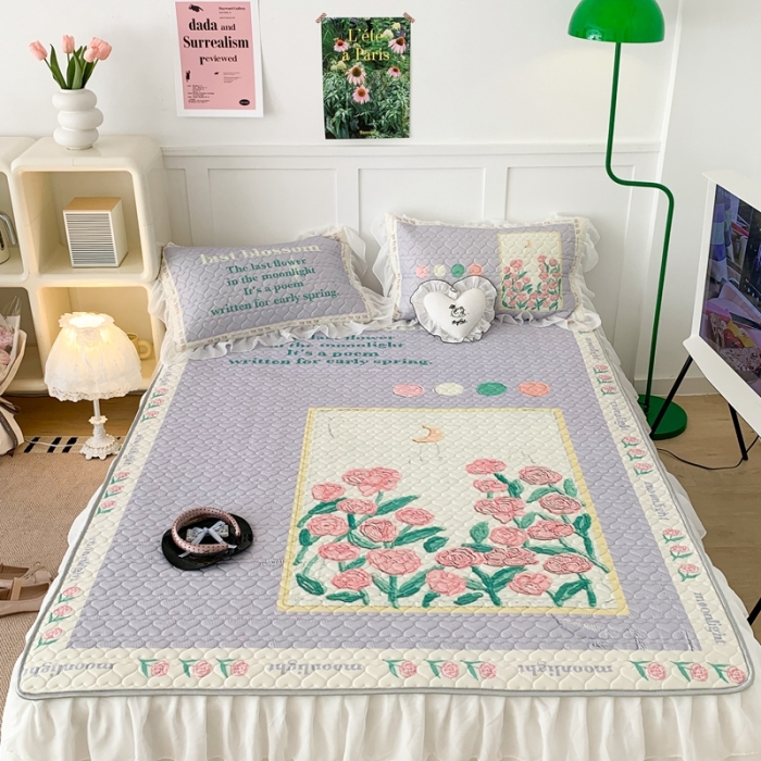 91家纺网 家纺一手货源 找家纺 昔可 2023新款第二批双层床裙乳胶三件套 可爱小清新风 框框油画玫瑰