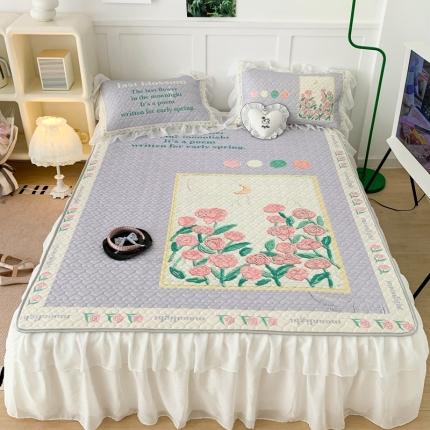 昔可 2023新款第二批双层床裙乳胶三件套 可爱小清新风 框框油画玫瑰