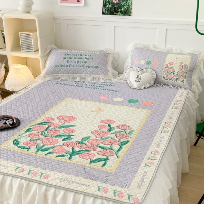 91家纺网 家纺一手货源 找家纺 昔可 2023新款第二批双层床裙乳胶三件套 可爱小清新风 框框油画玫瑰