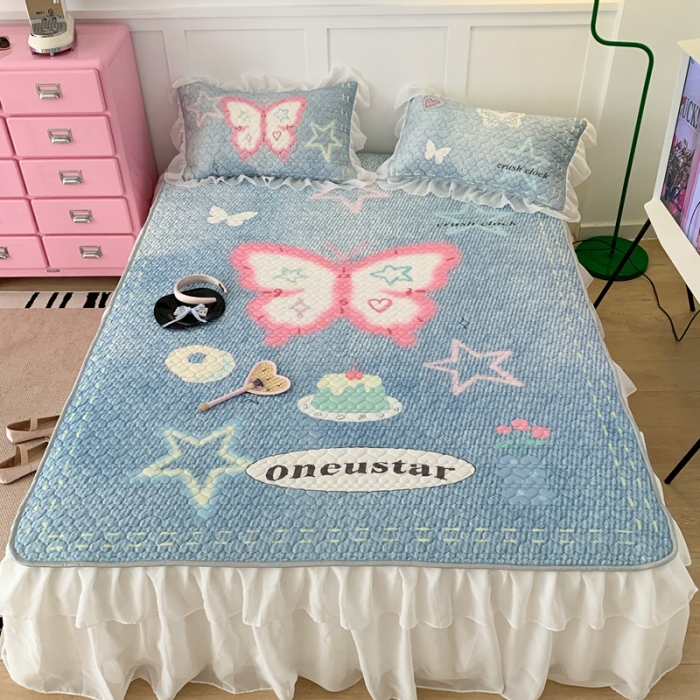 91家纺网 家纺一手货源 找家纺 昔可 2023新款第二批双层床裙乳胶三件套 芭蕾少女风 y2k牛仔蝴蝶