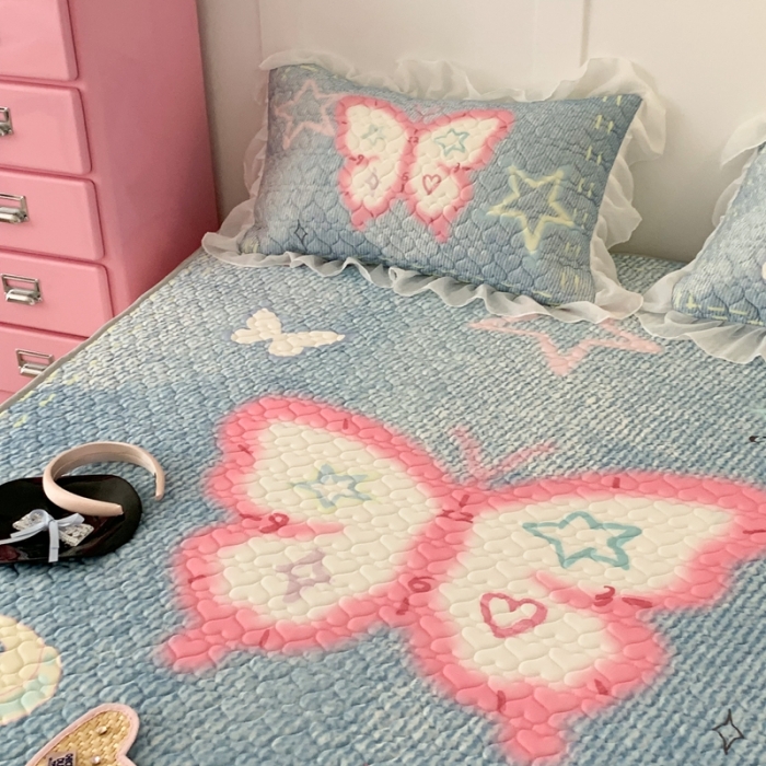 91家纺网 家纺一手货源 找家纺 昔可 2023新款第二批双层床裙乳胶三件套 芭蕾少女风 y2k牛仔蝴蝶