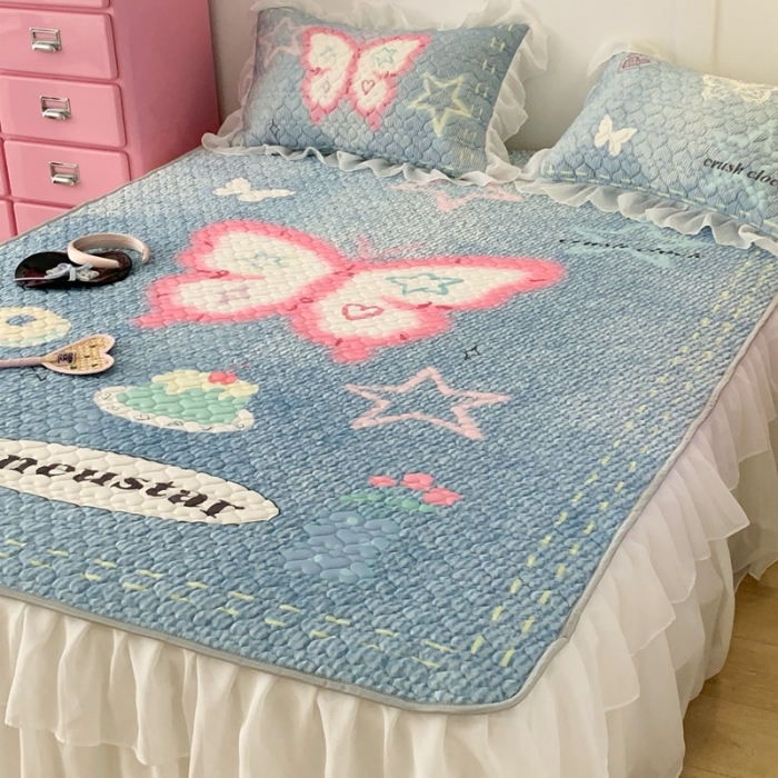 91家纺网 家纺一手货源 找家纺 昔可 2023新款第二批双层床裙乳胶三件套 芭蕾少女风 y2k牛仔蝴蝶