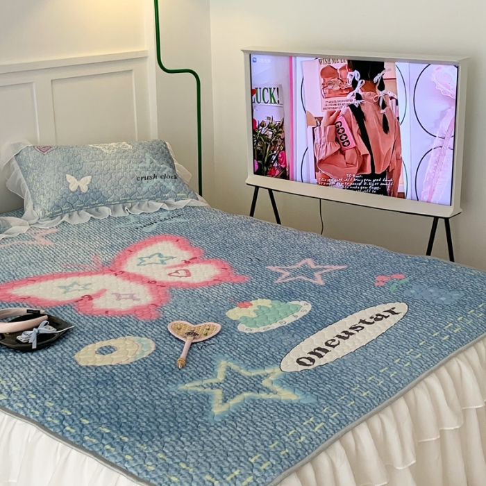 91家纺网 家纺一手货源 找家纺 昔可 2023新款第二批双层床裙乳胶三件套 芭蕾少女风 y2k牛仔蝴蝶