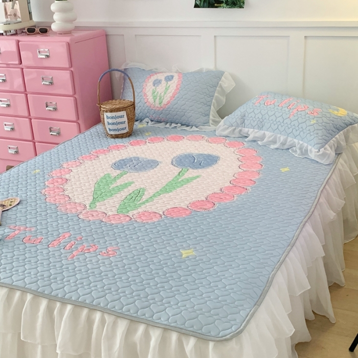 91家纺网 家纺一手货源 找家纺 昔可 2023新款第二批双层床裙乳胶三件套 可爱小清新风 圈圈油画紫郁金