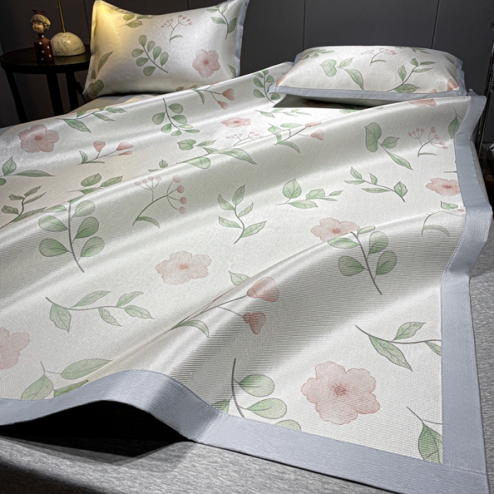 91家纺网 家纺一手货源 找家纺 安哆啦 A类数码印花冰丝藤席三件套 花丛间