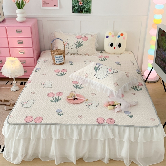 91家纺网 家纺一手货源 找家纺 昔可 2023新款第二批双层床裙乳胶三件套 可爱小清新风 郁金香小兔