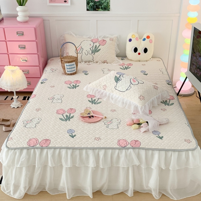 91家纺网 家纺一手货源 找家纺 昔可 2023新款第二批双层床裙乳胶三件套 可爱小清新风 郁金香小兔