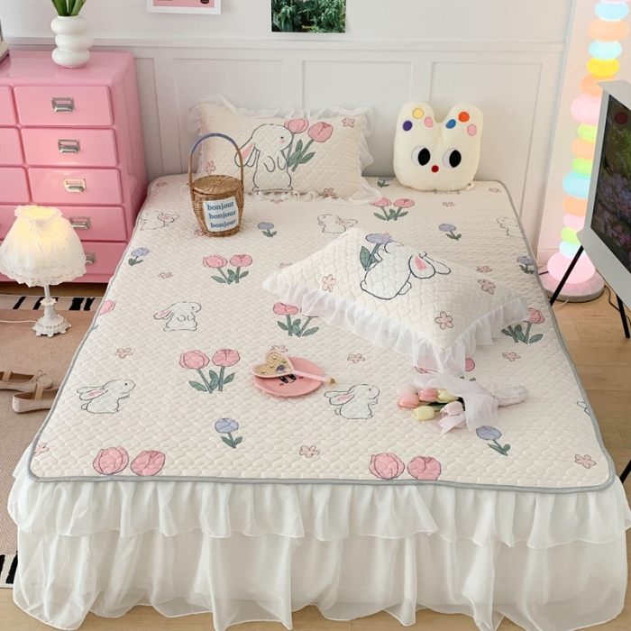 91家纺网 家纺一手货源 找家纺 昔可 2023新款第二批双层床裙乳胶三件套 可爱小清新风 郁金香小兔