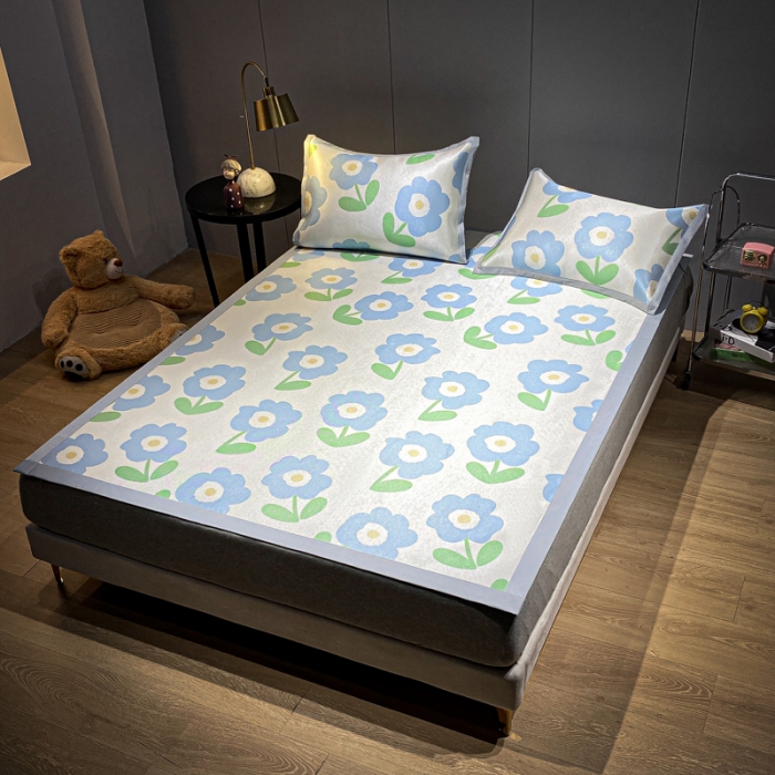 91家纺网 家纺一手货源 找家纺 安哆啦 A类数码印花冰丝藤席三件套 蓝色小花花