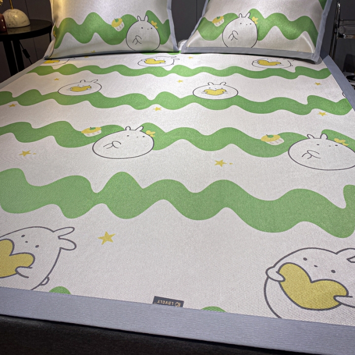 91家纺网 家纺一手货源 找家纺 安哆啦 A类数码印花冰丝藤席三件套 绿色波浪纹