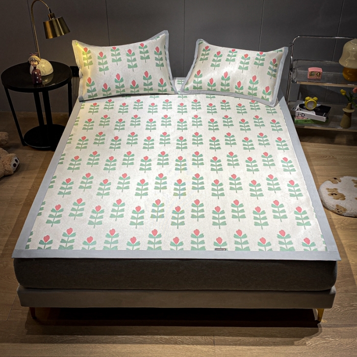 91家纺网 家纺一手货源 找家纺 安哆啦 A类数码印花冰丝藤席三件套 小绿花花