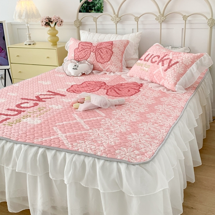 91家纺网 家纺一手货源 找家纺 昔可 2023新款第二批双层床裙乳胶三件套 芭蕾少女风 蕾丝芭蕾粉