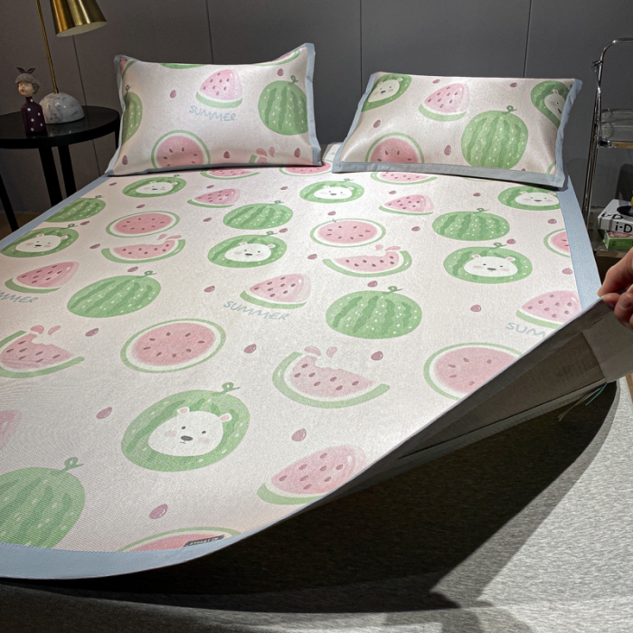 91家纺网 家纺一手货源 找家纺 安哆啦 A类数码印花冰丝藤席三件套 小西瓜