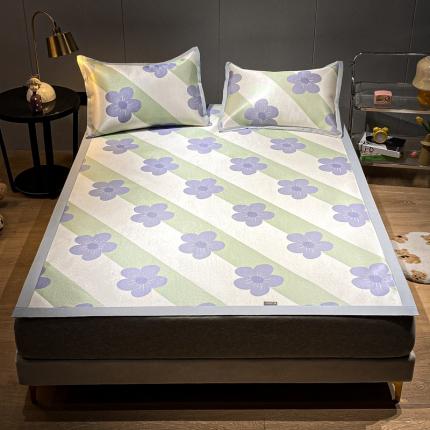 安哆啦 A类数码印花冰丝藤席三件套 斜条小花