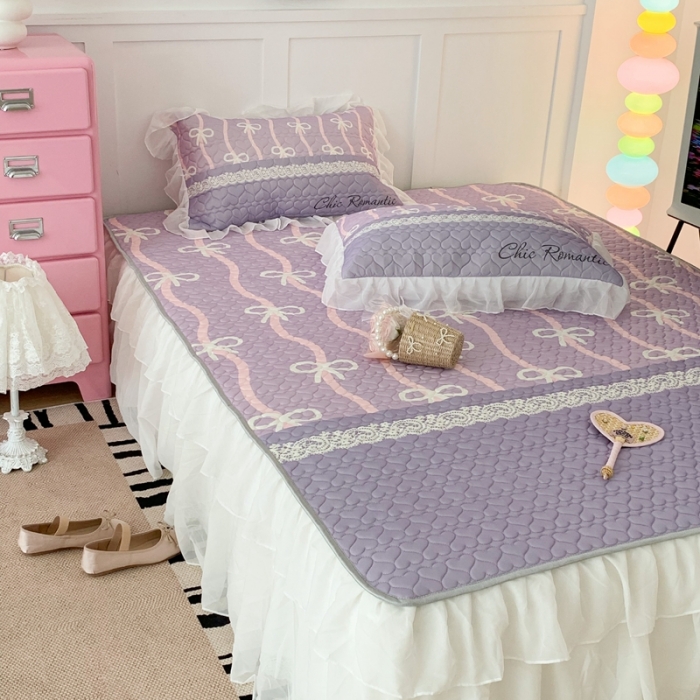 91家纺网 家纺一手货源 找家纺 昔可 2023新款第二批双层床裙乳胶三件套 芭蕾少女风 紫色芭蕾蕾丝蝴蝶结