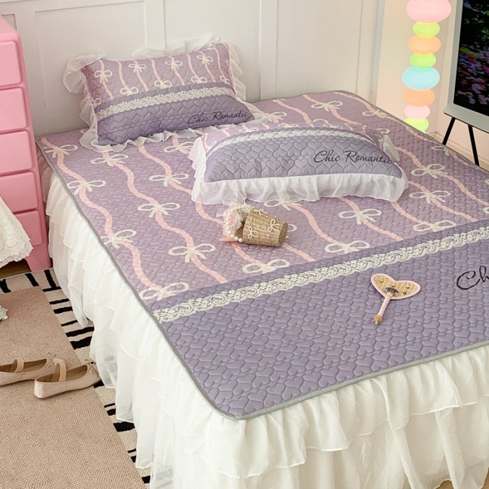 91家纺网 家纺一手货源 找家纺 昔可 2023新款第二批双层床裙乳胶三件套 芭蕾少女风 紫色芭蕾蕾丝蝴蝶结