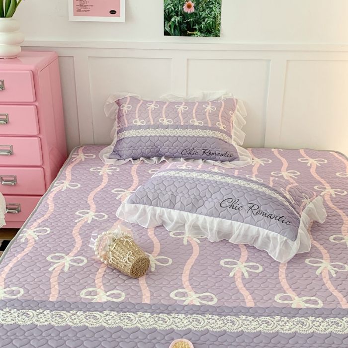 91家纺网 家纺一手货源 找家纺 昔可 2023新款第二批双层床裙乳胶三件套 芭蕾少女风 紫色芭蕾蕾丝蝴蝶结