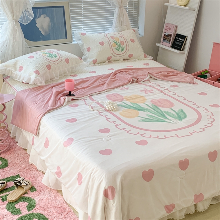 91家纺网 家纺一手货源 找家纺 昔可 大版数码印花凉感夏被 粉爱心郁金香