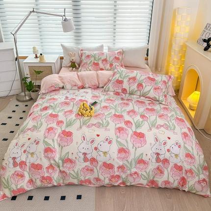 91家纺网 家纺一手货源 找家纺 乐童 2024网红直播爆款吊边＋一字绣工艺款四件套（七）郁金香小兔-粉