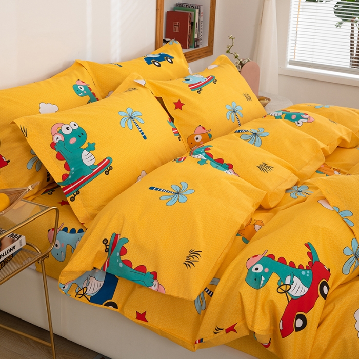 91家纺网 家纺一手货源 找家纺 雨萝家纺 2020新款纯棉印花四件套 恐龙秘境-黄