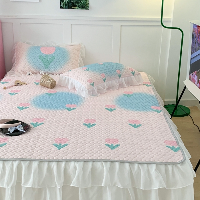 91家纺网 家纺一手货源 找家纺 昔可 2023新款第二批双层床裙乳胶三件套 少女碎花风系列 粉蓝郁金香