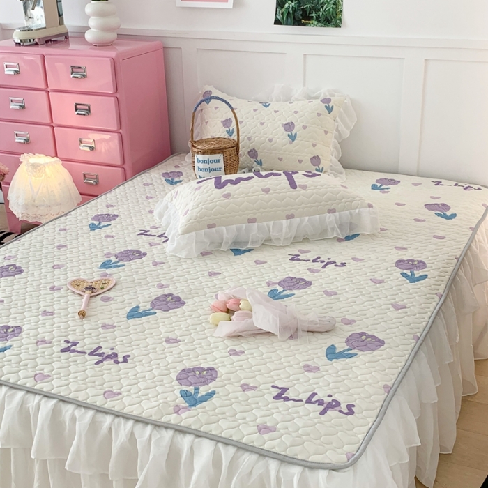 91家纺网 家纺一手货源 找家纺 昔可 2023新款第二批双层床裙乳胶三件套 少女碎花风系列 紫色油画郁金香