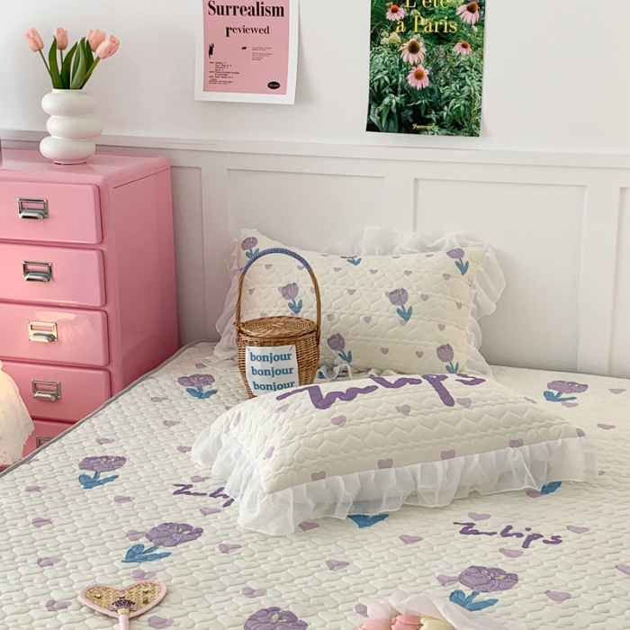 91家纺网 家纺一手货源 找家纺 昔可 2023新款第二批双层床裙乳胶三件套 少女碎花风系列 紫色油画郁金香