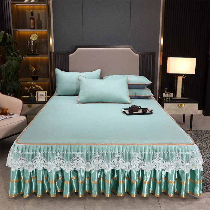 91家纺网 家纺一手货源 找家纺 罗艺轩 2024新款可拆卸床裙款冰藤席 富贵旺族-薄荷