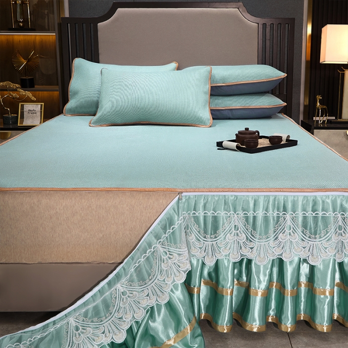 91家纺网 家纺一手货源 找家纺 罗艺轩 2024新款可拆卸床裙款冰藤席 富贵旺族-薄荷