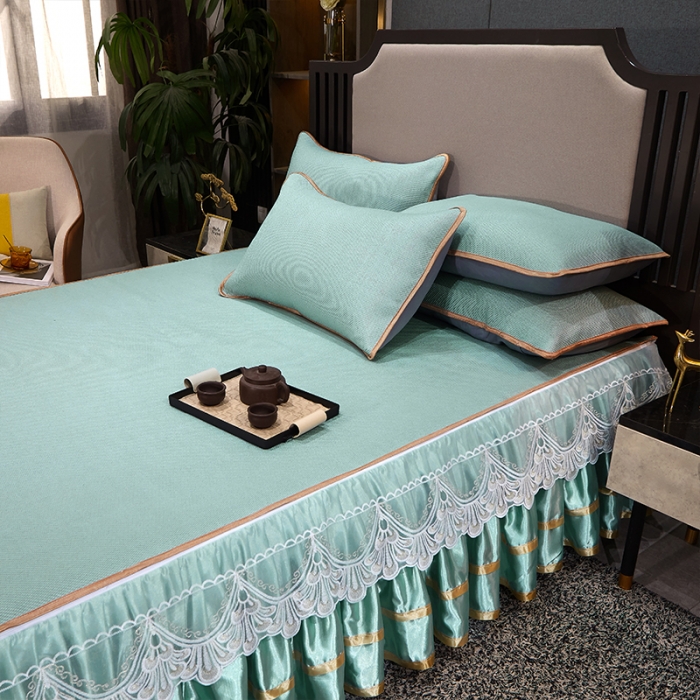 91家纺网 家纺一手货源 找家纺 罗艺轩 2024新款可拆卸床裙款冰藤席 富贵旺族-薄荷