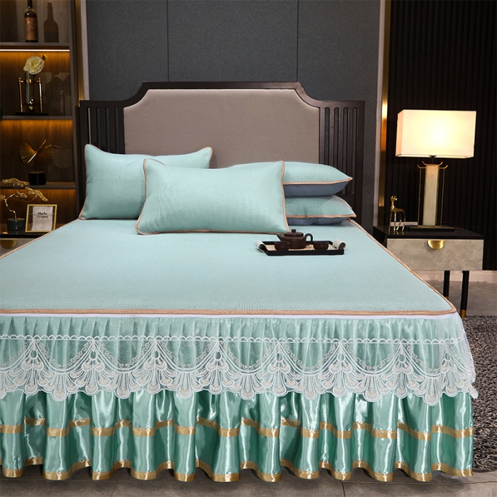 91家纺网 家纺一手货源 找家纺 罗艺轩 2024新款可拆卸床裙款冰藤席 富贵旺族-薄荷