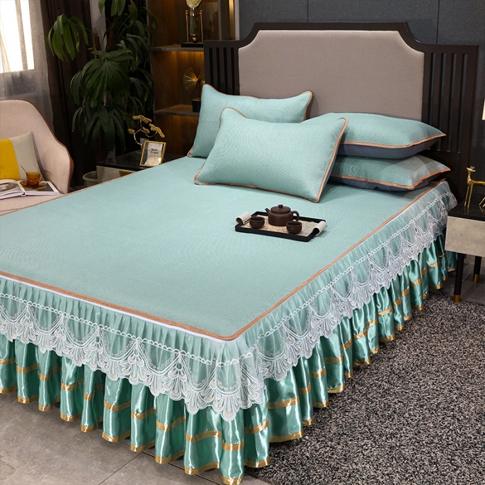 91家纺网 家纺一手货源 找家纺 罗艺轩 2024新款可拆卸床裙款冰藤席 富贵旺族-薄荷