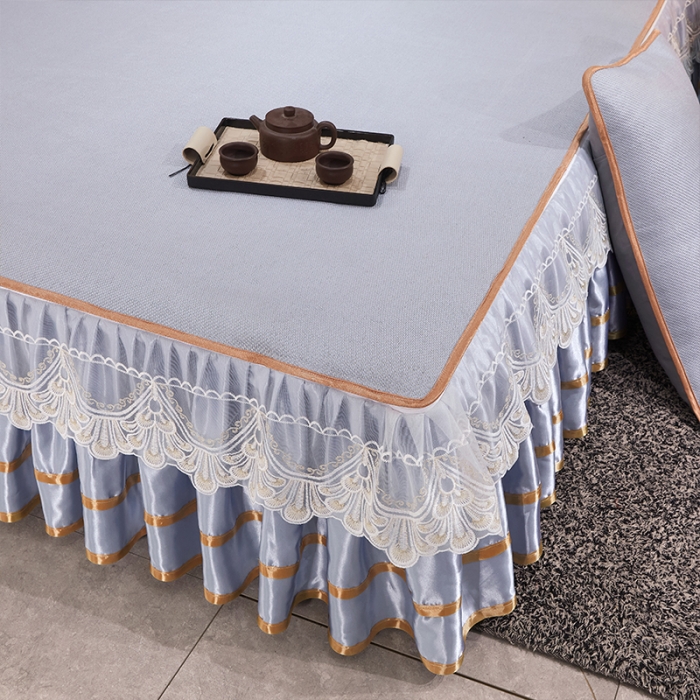 91家纺网 家纺一手货源 找家纺 罗艺轩 2024新款可拆卸床裙款冰藤席 富贵旺族-蓝