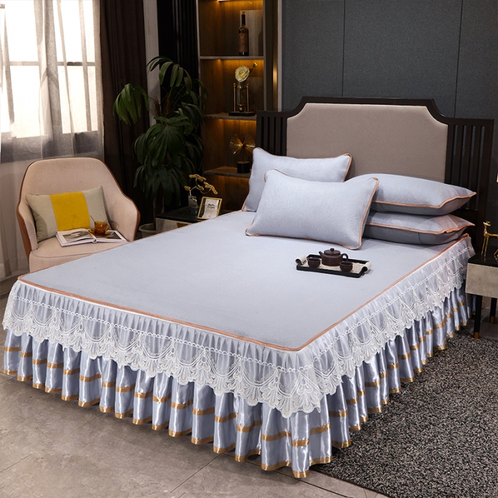 91家纺网 家纺一手货源 找家纺 罗艺轩 2024新款可拆卸床裙款冰藤席 富贵旺族-蓝