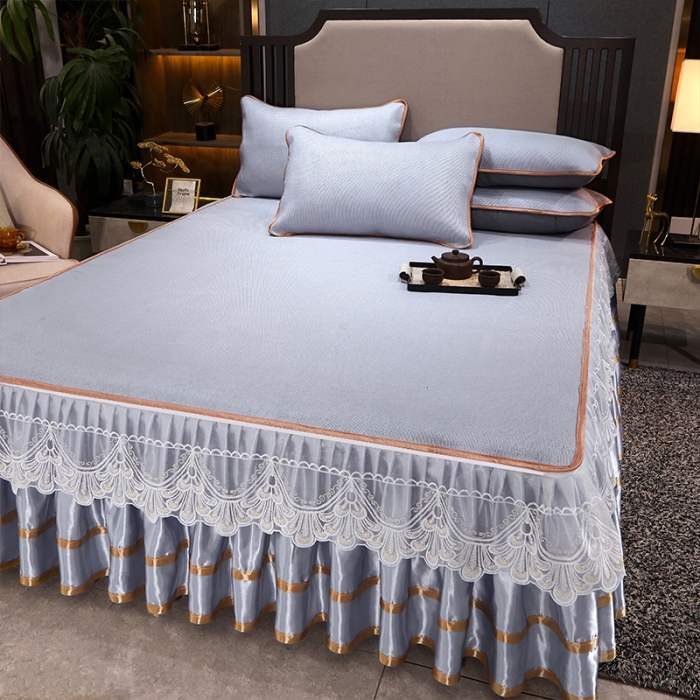 91家纺网 家纺一手货源 找家纺 罗艺轩 2024新款可拆卸床裙款冰藤席 富贵旺族-蓝