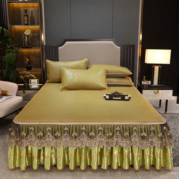 91家纺网 家纺一手货源 找家纺 罗艺轩 2024新款可拆卸床裙款冰藤席 富贵旺族-草绿