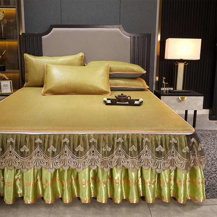 91家纺网 家纺一手货源 找家纺 罗艺轩 2024新款可拆卸床裙款冰藤席 富贵旺族-草绿