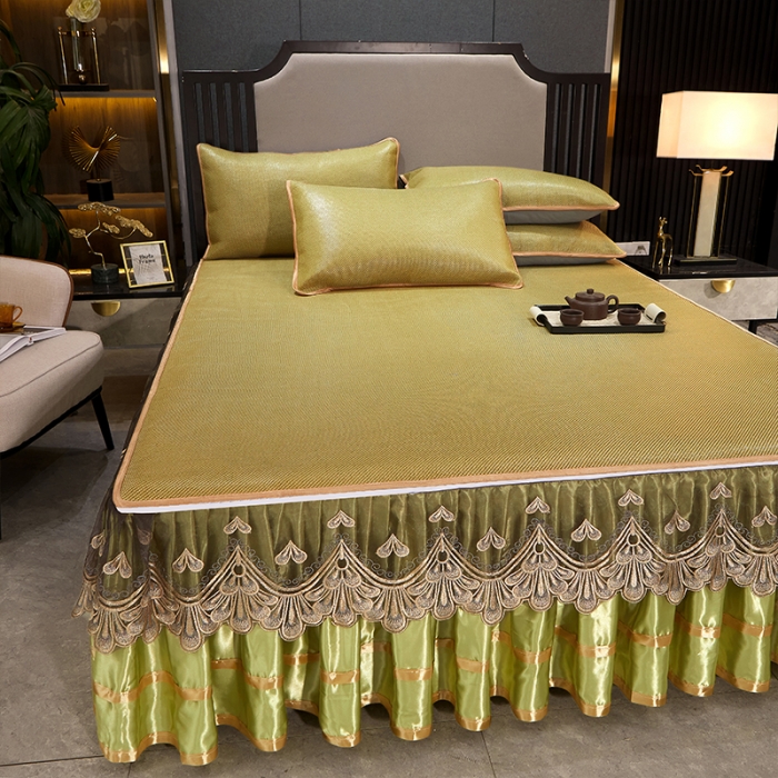 91家纺网 家纺一手货源 找家纺 罗艺轩 2024新款可拆卸床裙款冰藤席 富贵旺族-草绿