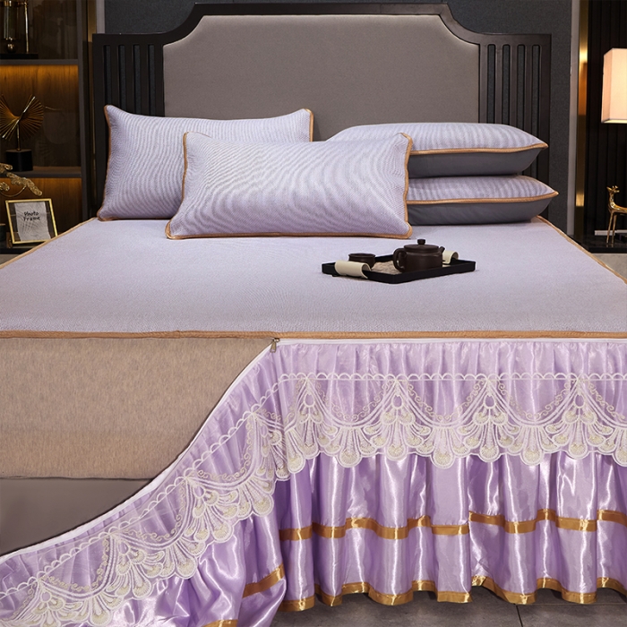 91家纺网 家纺一手货源 找家纺 罗艺轩 2024新款可拆卸床裙款冰藤席 富贵旺族-紫